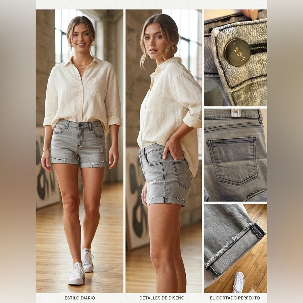 Lux Gray Denim Shorts with Branded Button